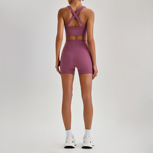 Wholesale Cross-Back Sports Bra & High-Waist Biker Shorts Set – Naked-Feel Quick-Dry Yoga 2-Piece