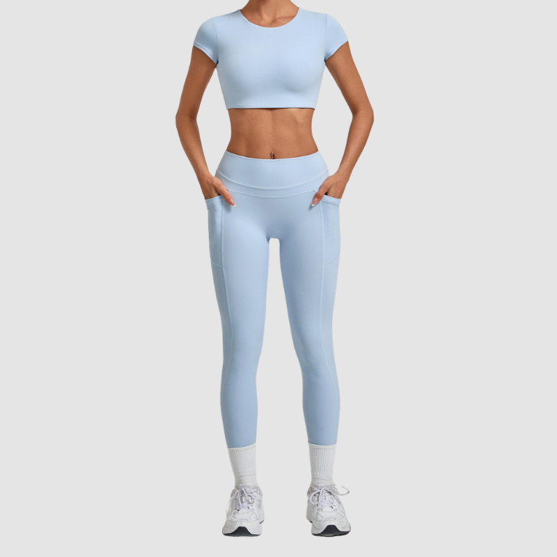 Wholesale Women's Naked-Feel Short Sleeve Crop Top + High-Waist Leggings Set – Moisture-Wicking Yoga Fitness Activewear