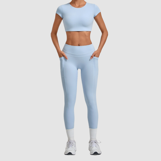 Wholesale Women's Naked-Feel Short Sleeve Crop Top + High-Waist Leggings Set – Moisture-Wicking Yoga Fitness Activewear