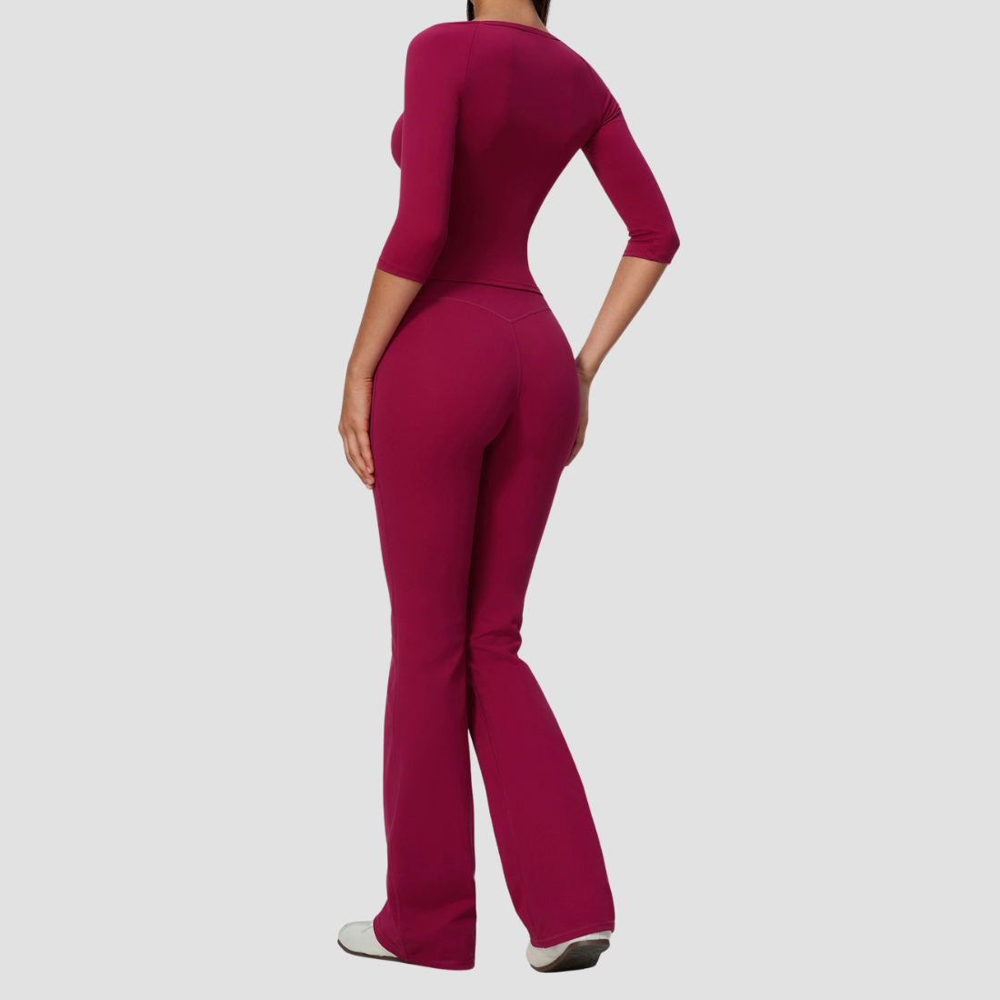 Wholesale Women's Round Neck Mid-Sleeve Tops + Flare Pants Yoga Set