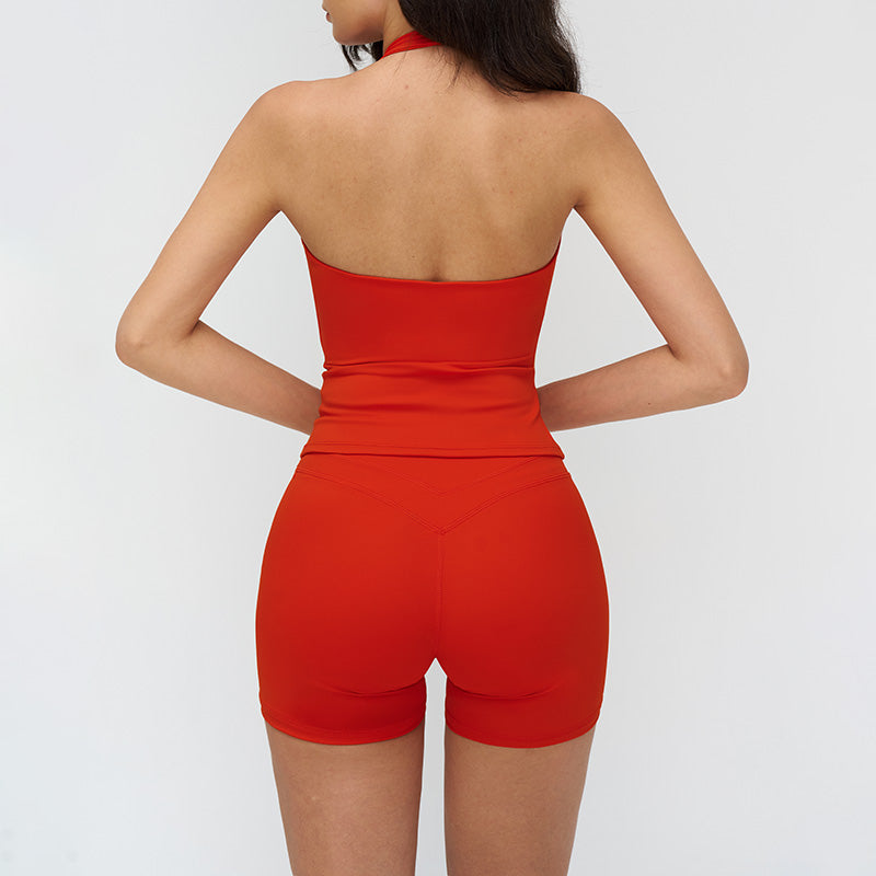 Halter neck backless tank top + high-waisted shorts 2-piece set