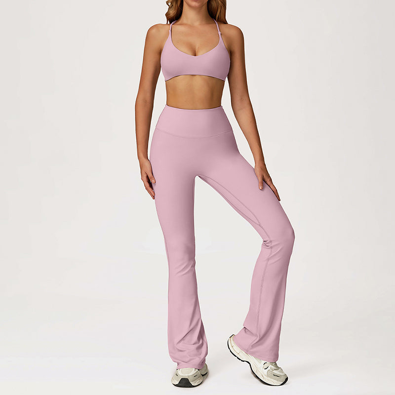 Cross-Back Sports Bra + Flared Leg Pants 2-Piece Set
