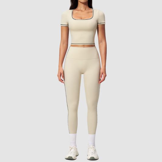 Wholesale Women's Seam-Detail Short Sleeve Crop Top + High-Waist Leggings Set – Butt-Lifting Yoga Gym Activewear