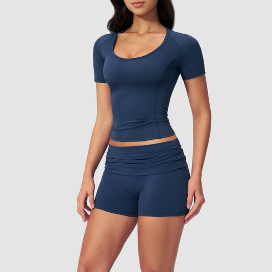 Wholesale short-sleeved tops and high-waisted fold-over shorts sets