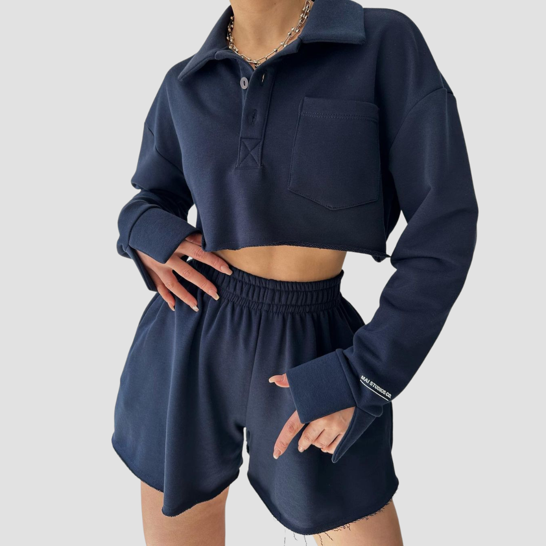 Wholesale Women's Long Sleeve Crop Cardigan & Drawstring Shorts Set – Casual Two-Piece TZ8040