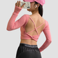 Wholesale Women's Crop Open Back Yoga Long Sleeve Top – Quick-Dry Fitness with Chest Pad