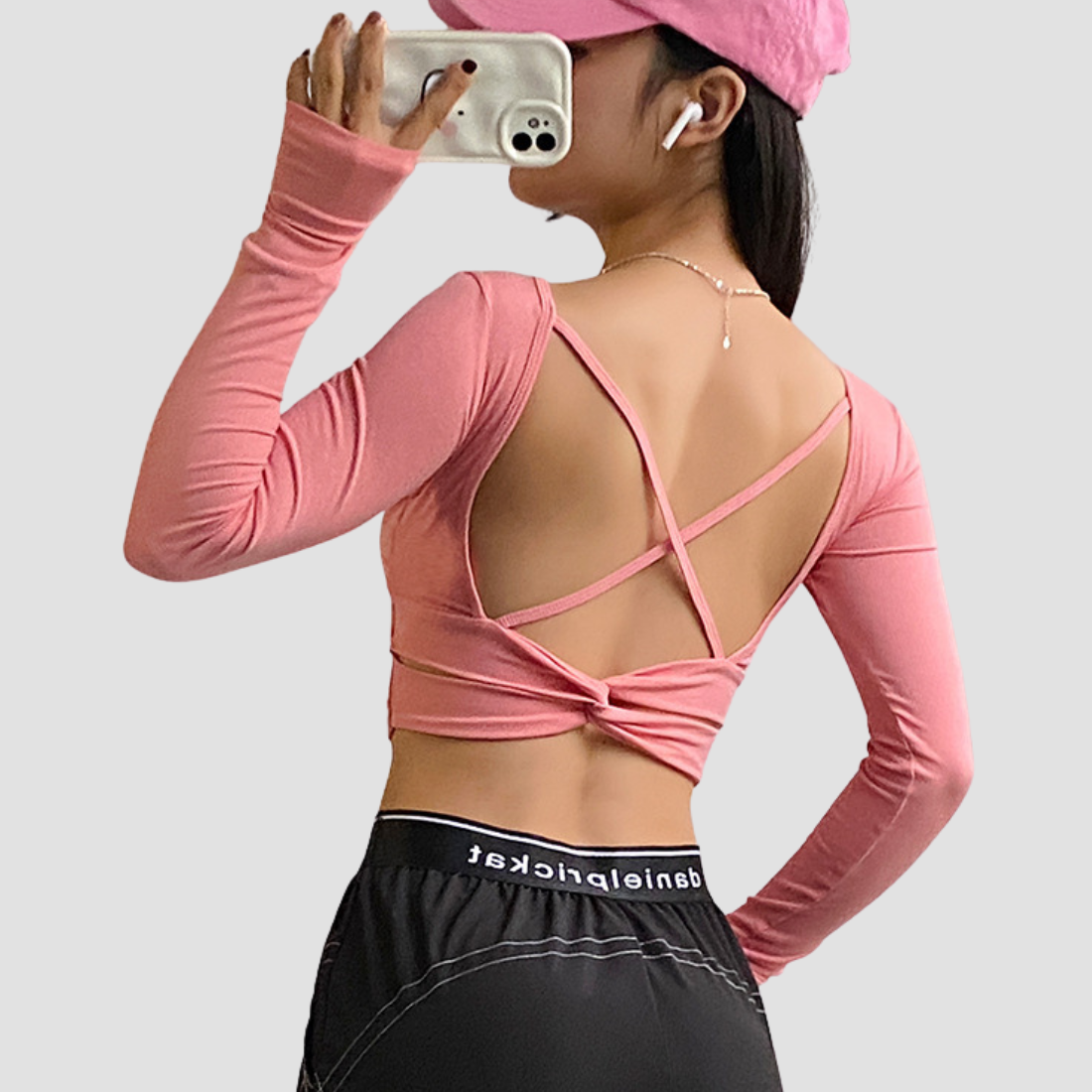 Wholesale Women's Crop Open Back Yoga Long Sleeve Top – Quick-Dry Fitness with Chest Pad