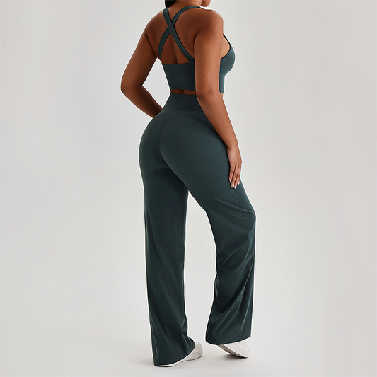 Wholesale Women's Peach Lift High Waist Flare Pants Yoga Set – Cross Back Sports Bra 0258