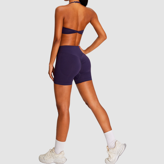 Wholesale Seamless Halter Sports Bra & High-Waist Biker Shorts Set – Naked-Feel Peach-Lift Yoga 2-Piece