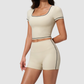 Wholesale Women's Seam-Detail Short Sleeve Crop Top + High-Waist Shorts Set – Butt-Lifting Yoga Gym Activeweare