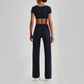 Wholesale Women's Short Sleeve Exposed Back Bra+Naked Feel Straight Leg Pants Yoga Set