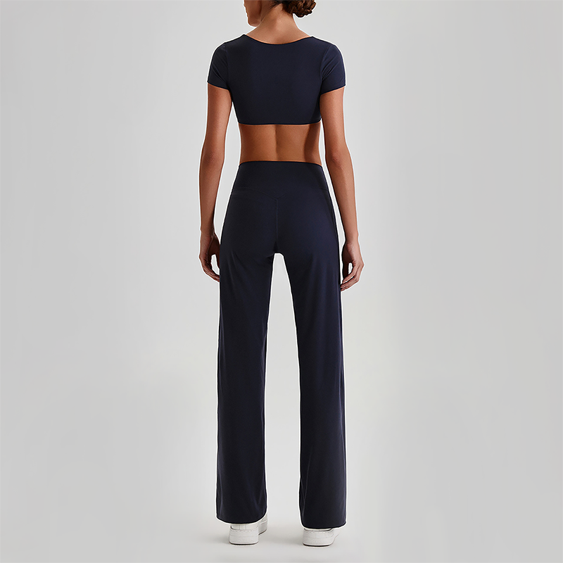 Wholesale Women's Short Sleeve Exposed Back Bra+Naked Feel Straight Leg Pants Yoga Set