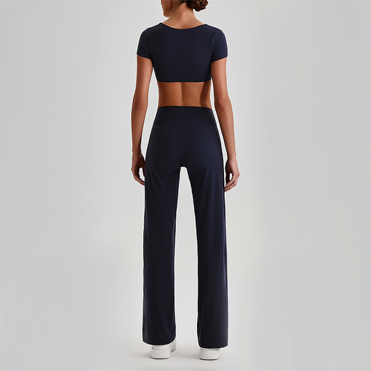 Wholesale Women's Short Sleeve Exposed Back Bra+Naked Feel Straight Leg Pants Yoga Set