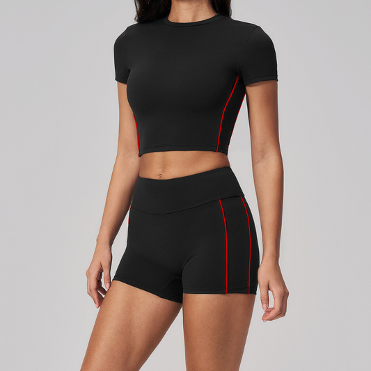 Wholesale Women's Brushed Short Sleeve Crop Top & High-Waist Shorts Set – Padded Yoga Fitness 2-Piece