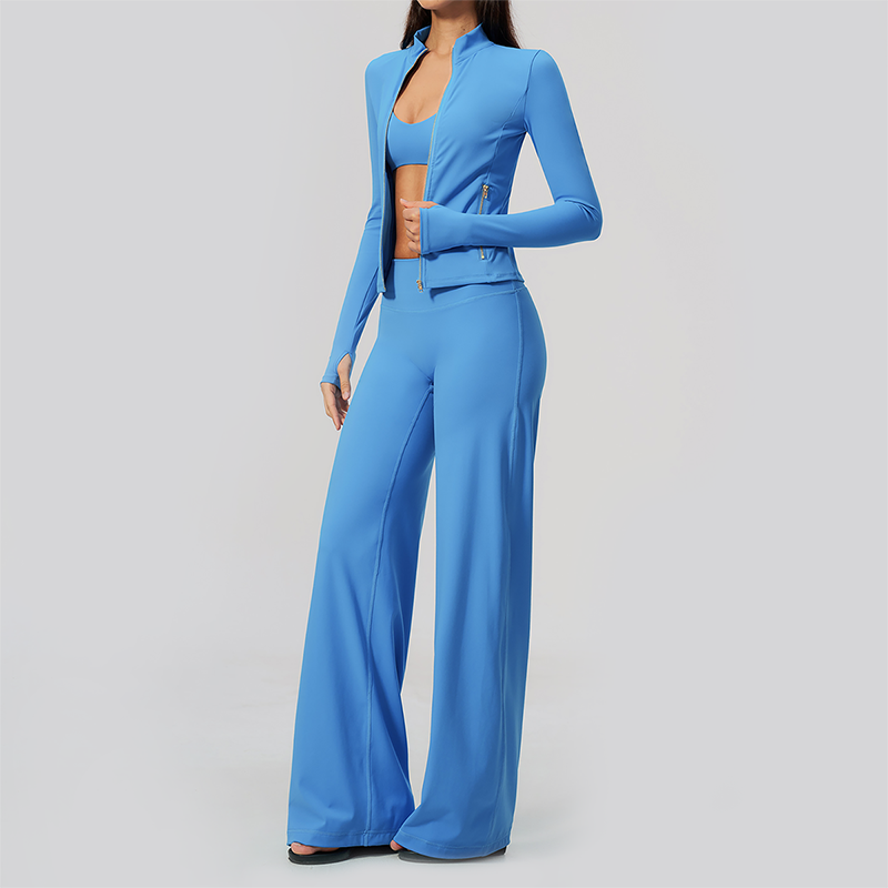 Wholesale Women's 3-Piece Yoga Set – Zip Jacket, Sports Bra & Wide-Leg Pants