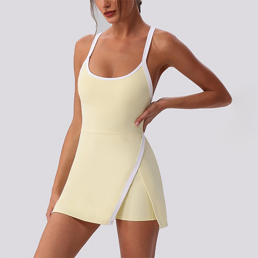 Wholesale Women's Spaghetti Strap Tennis Dress – Feather-Trim Anti-Exposure Fitness Dress