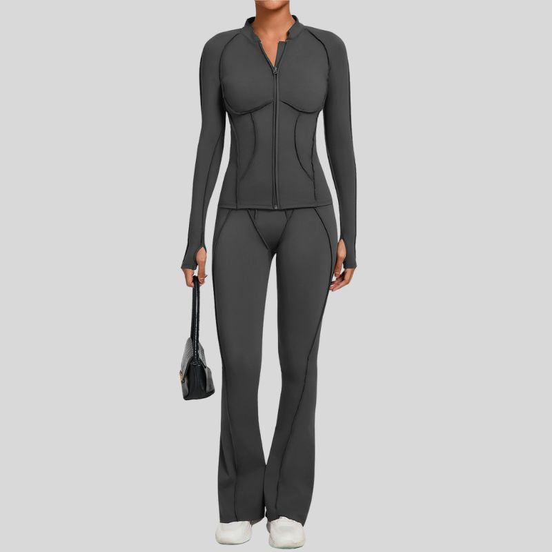 Thumb-buckle zipper jacket + slightly flared pants+2-piece set