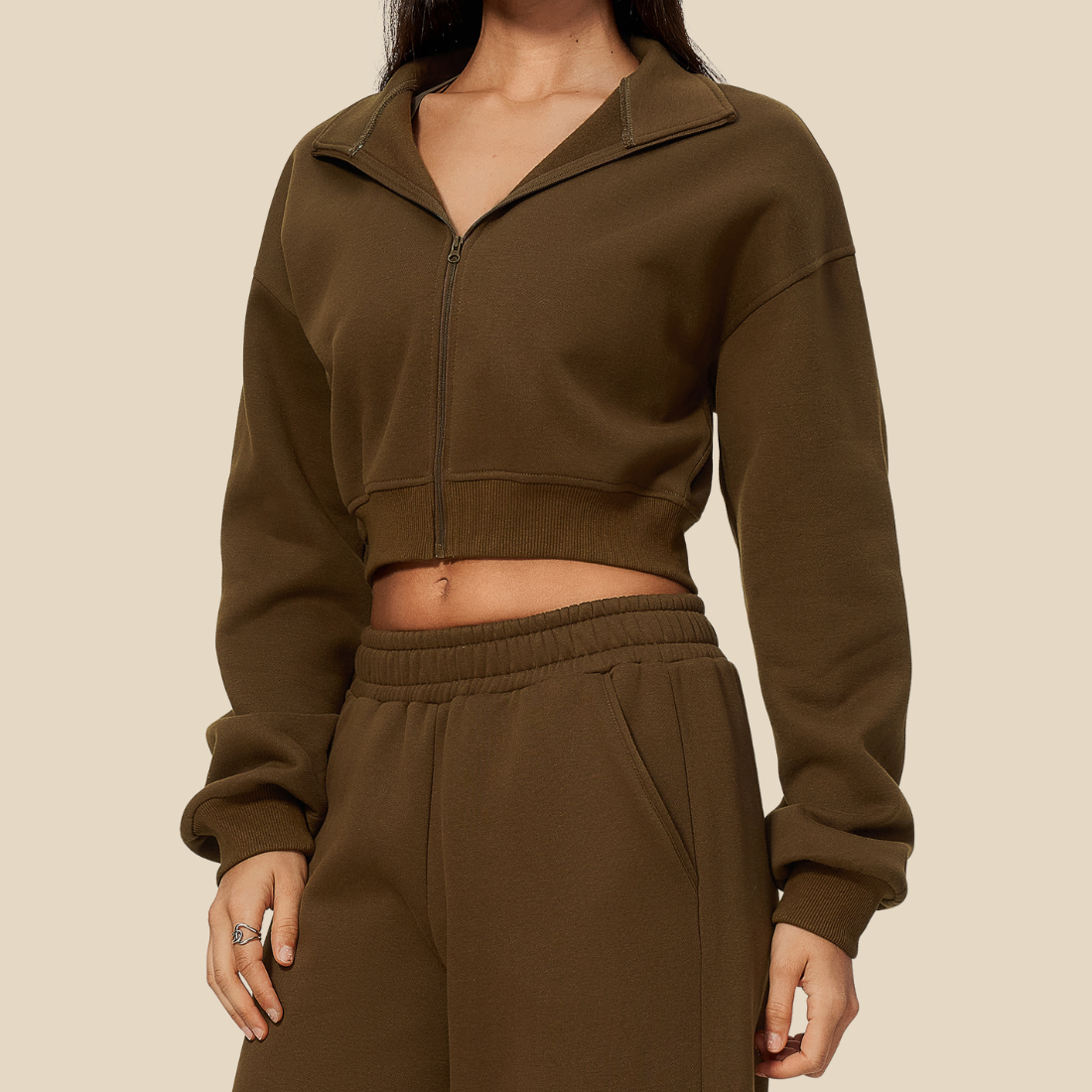 wholesale Women's Activewear Fleece-Lined Stand-Collar Zip Cropped Jacket