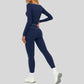 Color-blocked long-sleeved sports top+High waisted leggings 2-piece set