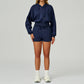 Loose hooded and full zipper Sweatshirt + drawstring shorts 2 pieces set