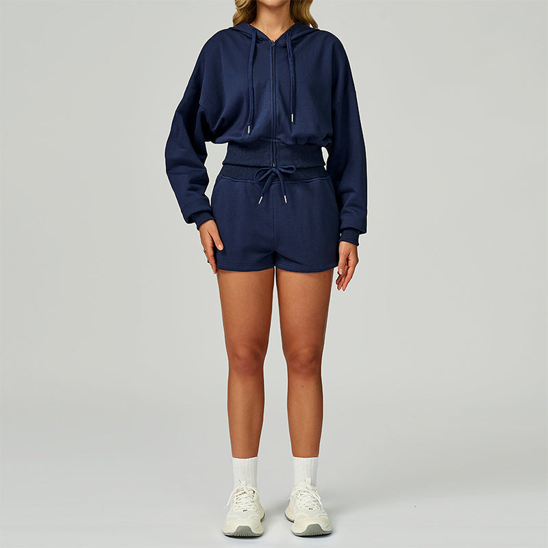 Loose hooded and full zipper Sweatshirt + drawstring shorts 2 pieces set
