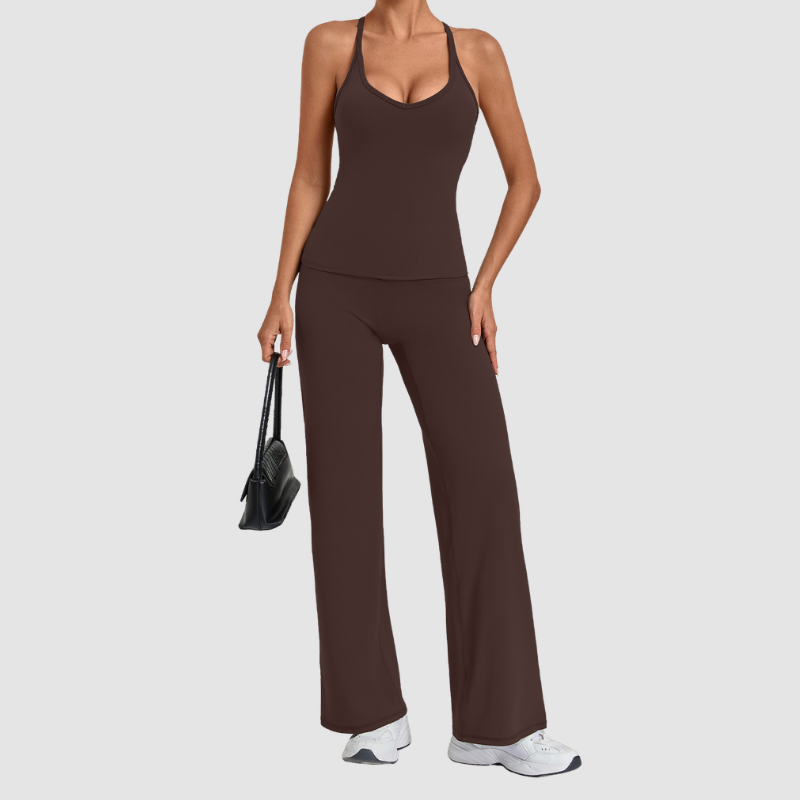 Wholesale Women's Racerback Yoga Set – Double-Layer Chest Pad Cross Waist Flare Pants