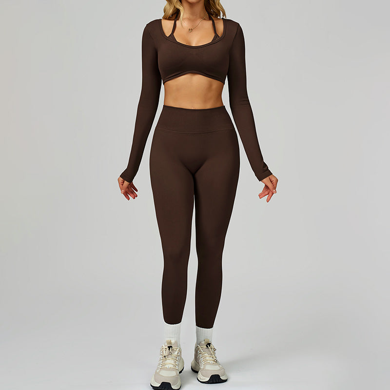 Seamless halter long sleeve top + High-waisted leggings 2-Piece Set
