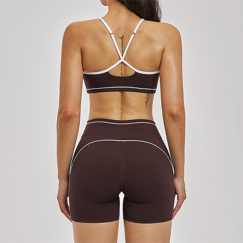 Wholesale Color Block Naked Yoga Halter Bra+Tight Shorts 2-Piece Set