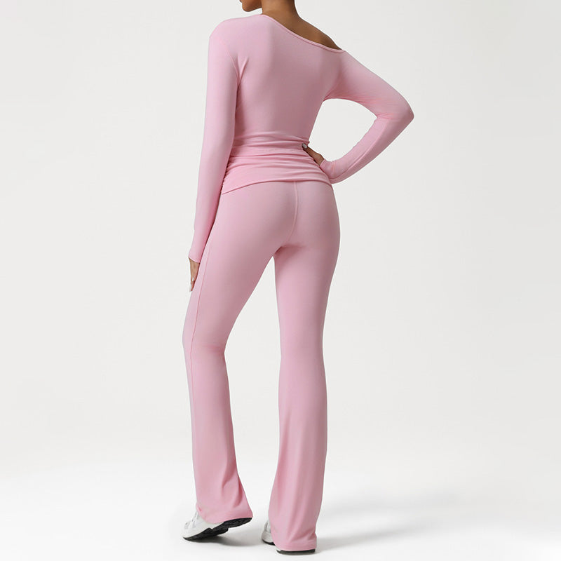 One-Shoulder Long Sleeve top + Crossover Waist Flared Pants 2-Piece Set