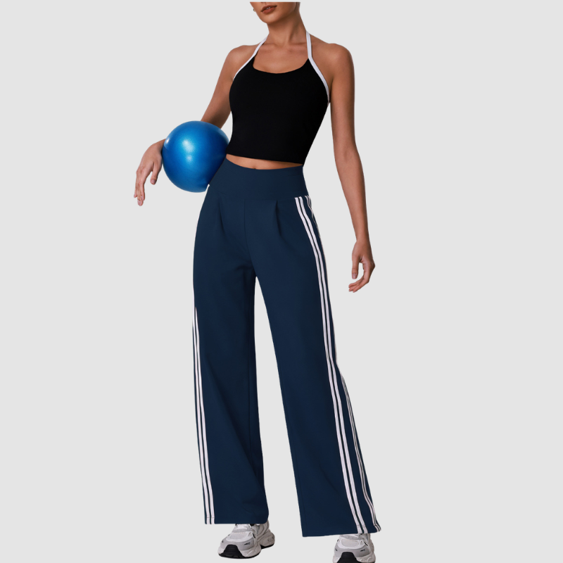 Wholesale Women's Striped Yoga Tank Top + High-Waist Wide-Leg Pants Set – Built-In Bra Pad Gym Fitness Set