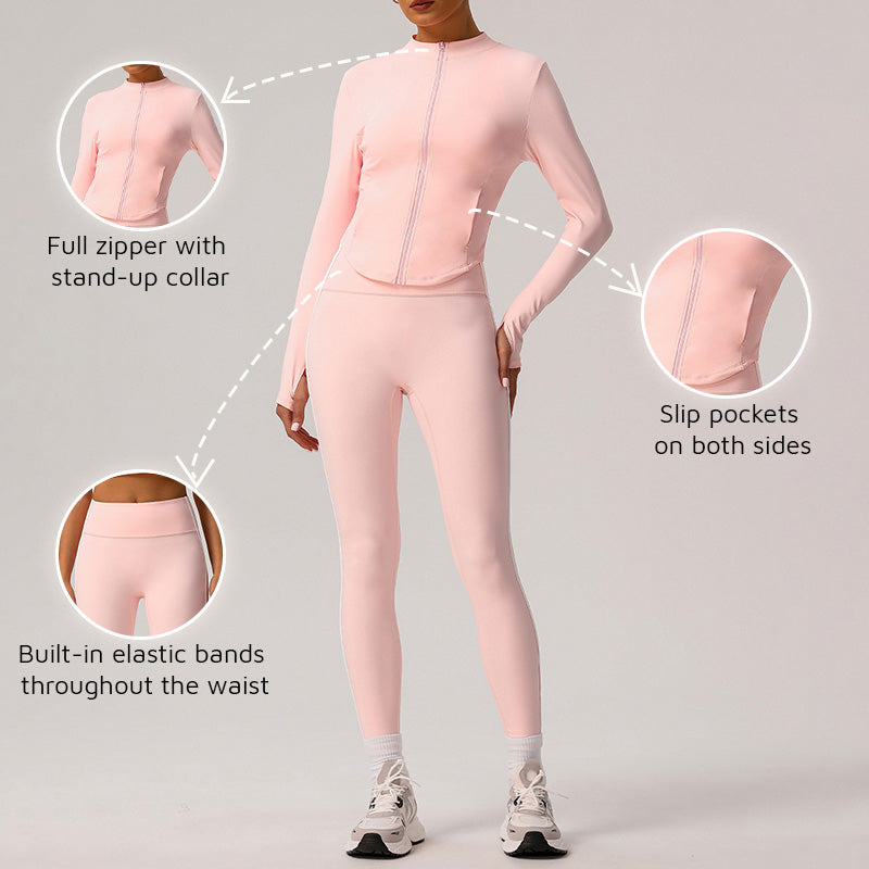 Stand-Collar Cropped Jacket + High-Waisted Color-Blocked Leggings 2-Piece Set