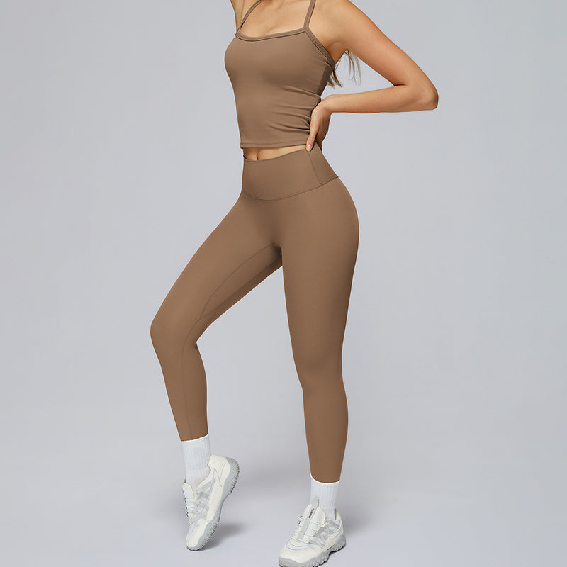 Tapa del tanque de yoga de cruz cepillado + Leggings de cintura alta de 2 piezas