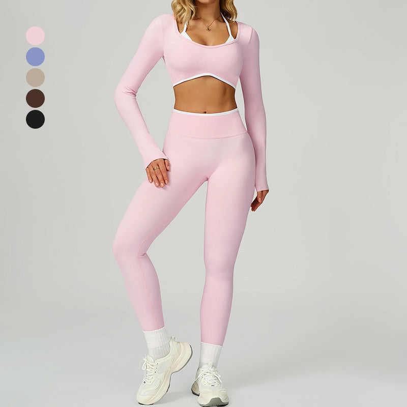 Seamless halter Contrasting Color top + High-waisted leggings 2-Piece Set