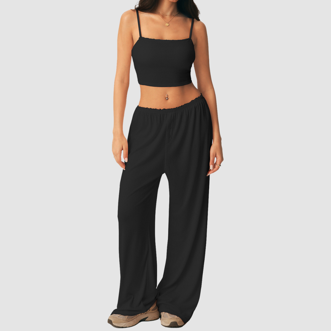 Wholesale Women's 3-Piece Yoga Lounge Set – Padded Cami, Cardigan & Wide-Leg Pants