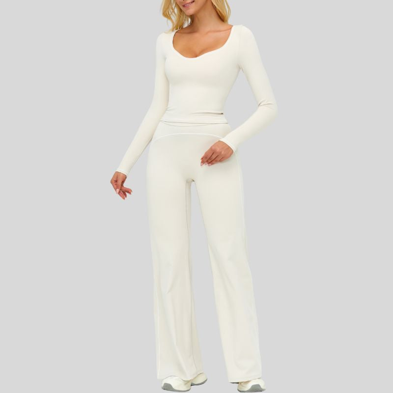 Color-blocked long-sleeved sports top+ High-waisted wide-leg pants 2-piece set