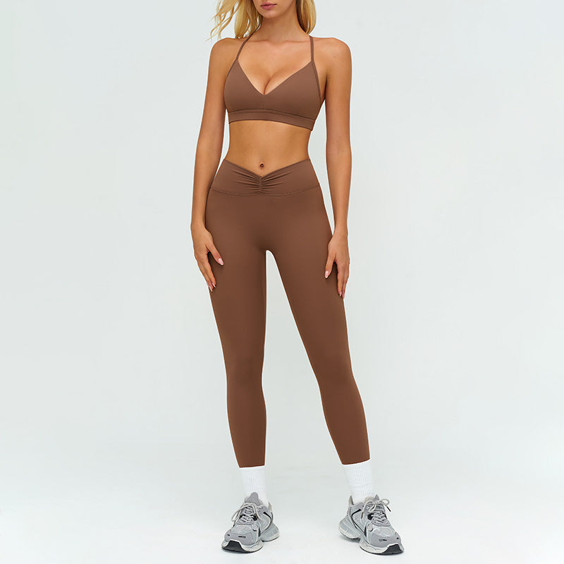 Removable bra pads + high-waisted pleated leggings 2-piece set
