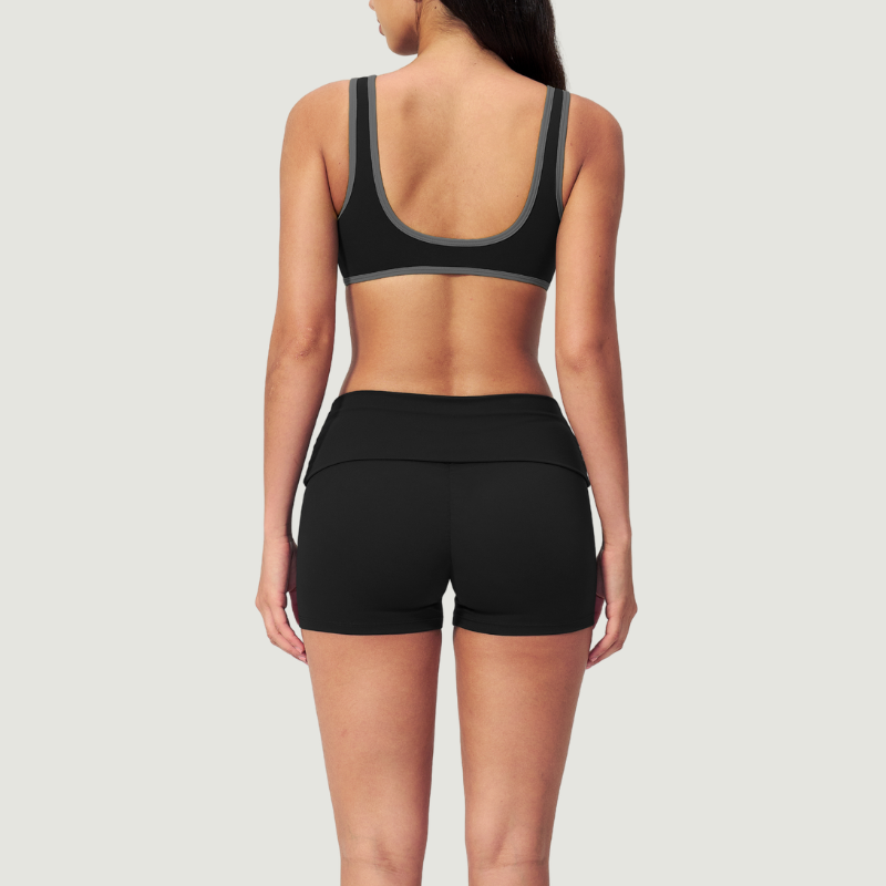 Wholesale Color Block V-Neck Sports Bra & Fold-Up Shorts Set
