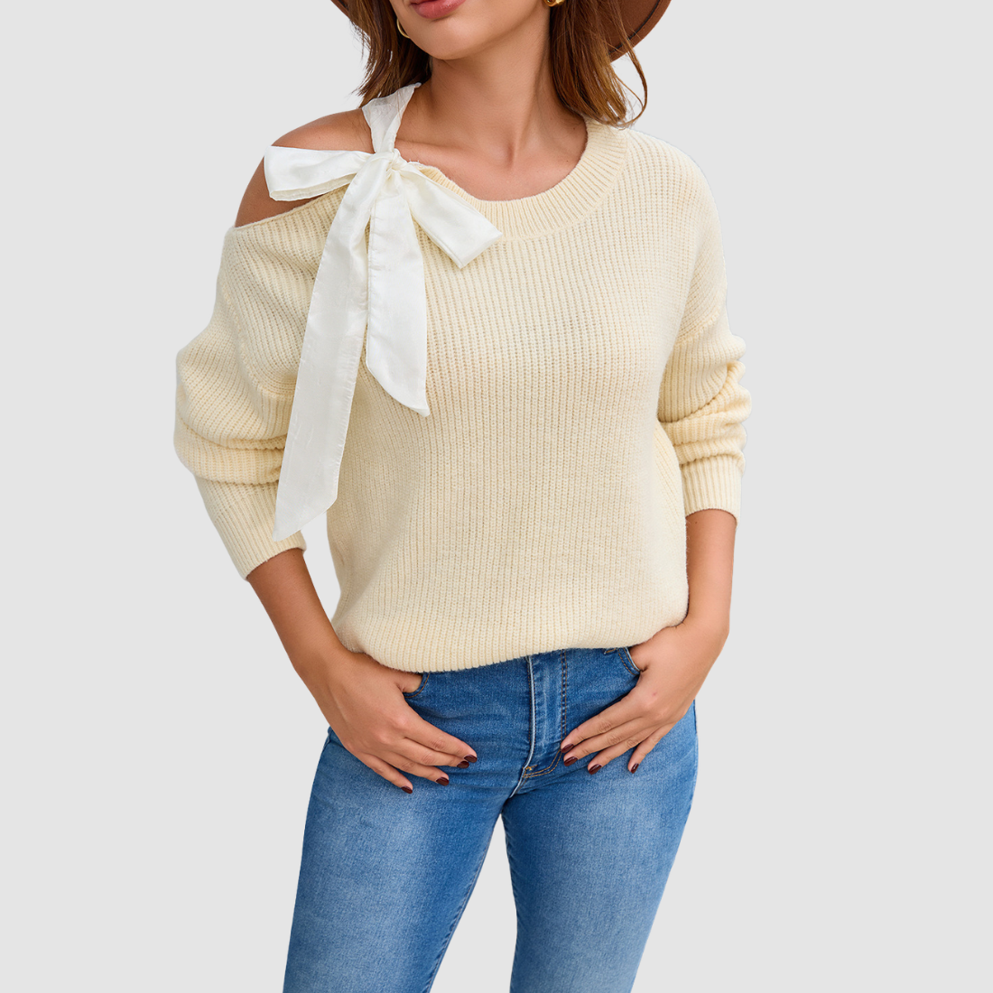 Wholesale Women’s Off-Shoulder Bow-Tie Knit Sweater