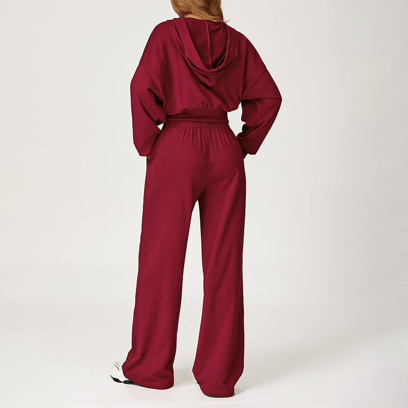 LOOSE HOODED AND FULL ZIPPER SWEATSHIRT + DRAWSTRING SWEATPANTS 2 PIECES SET