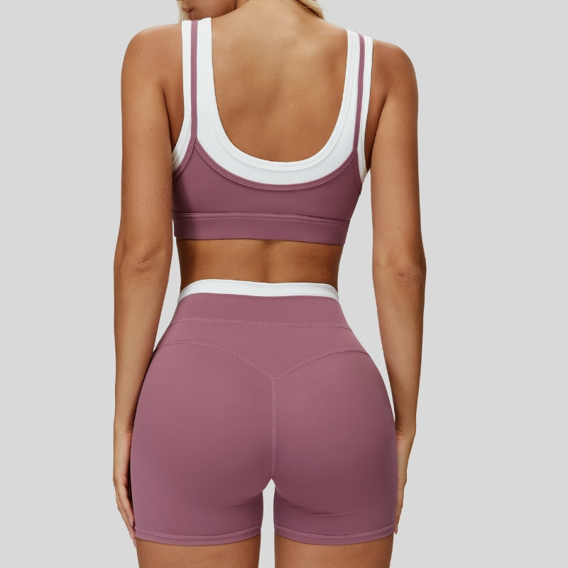 Contrast color sports bra + sports shorts 2-piece set