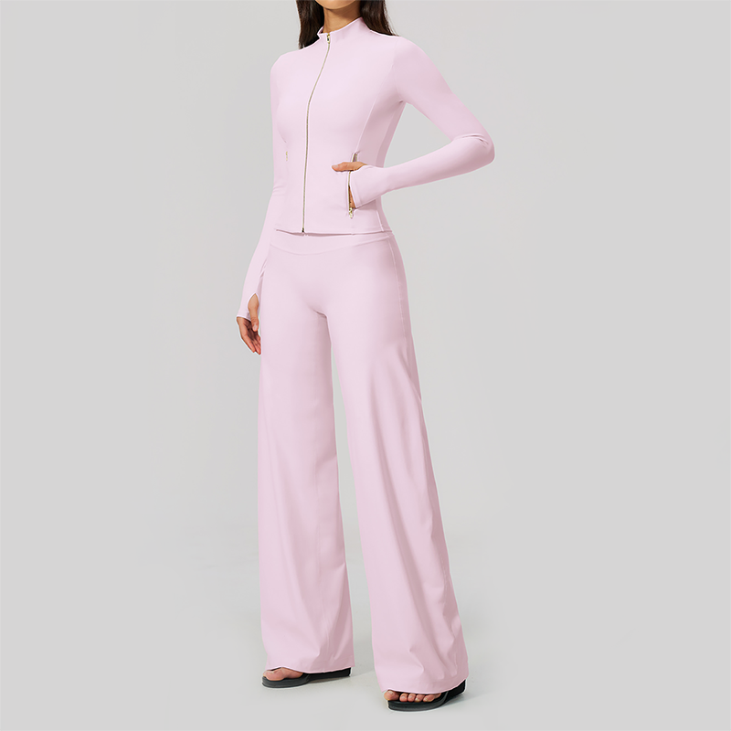 Wholesale Women's Zip-Up Yoga Jacket Set – Relaxed Wide-Leg Pants Activewear Set