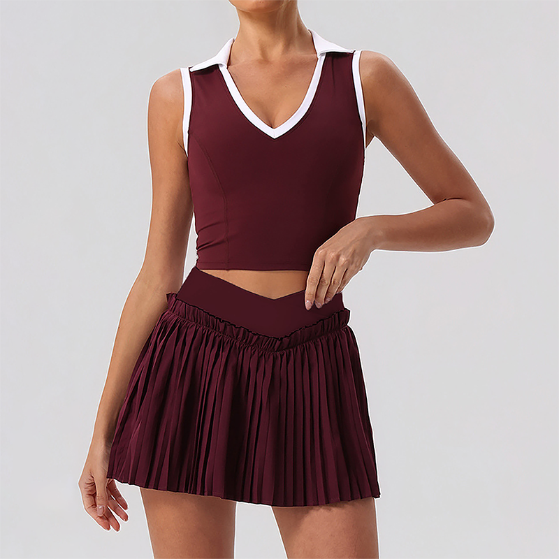 Wholesale Women's Halter Neck Sports Bra & Pleated Mini Skirt Set with Chest Pad