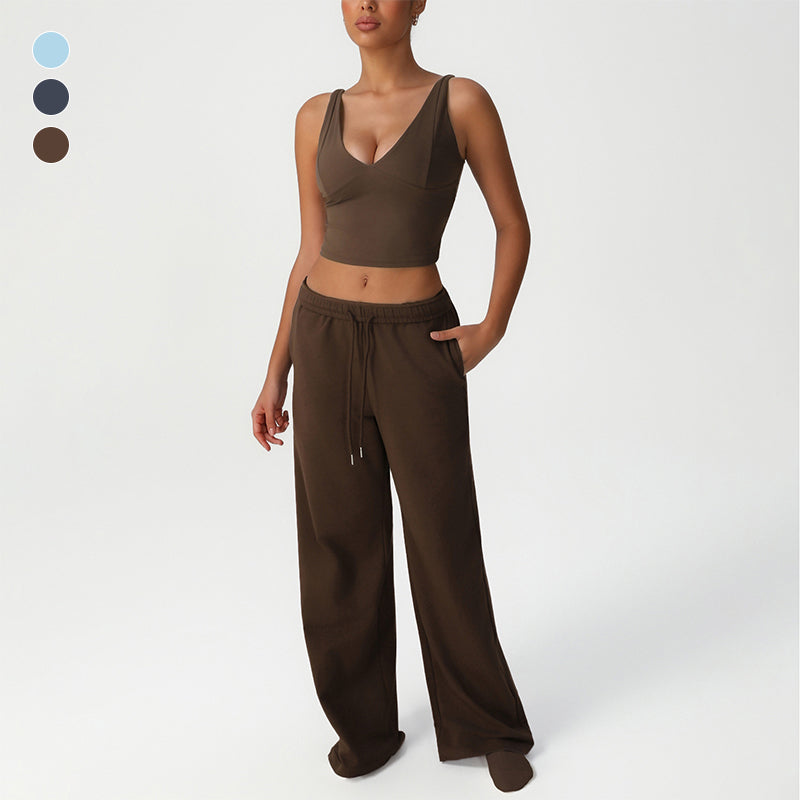 V-Neck Crop Top + Loose Sports Pants 2-Piece Set
