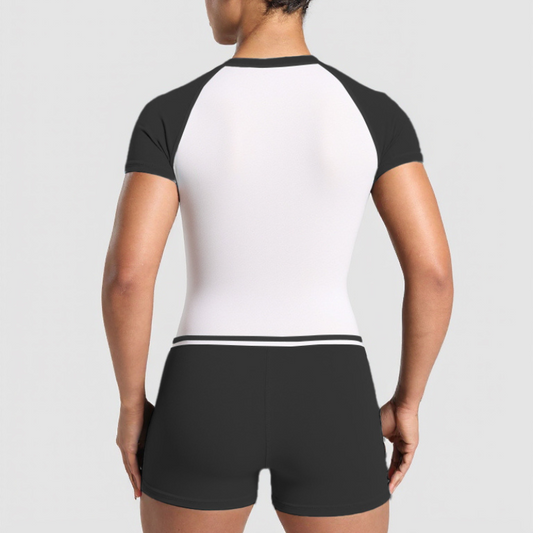 Contrasting short-sleeved top + shorts+headband  3-piece set