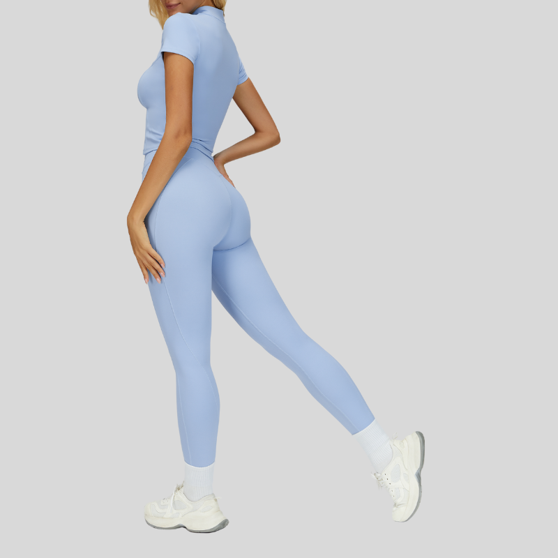 Slim-fit stand-up collar short-sleeved top+Pleated waistband sport leggings 2-piece set