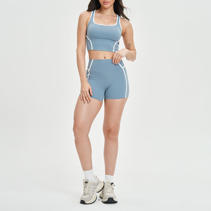 Women's contrasting color backless tank top + high-waisted shorts 2-piece set