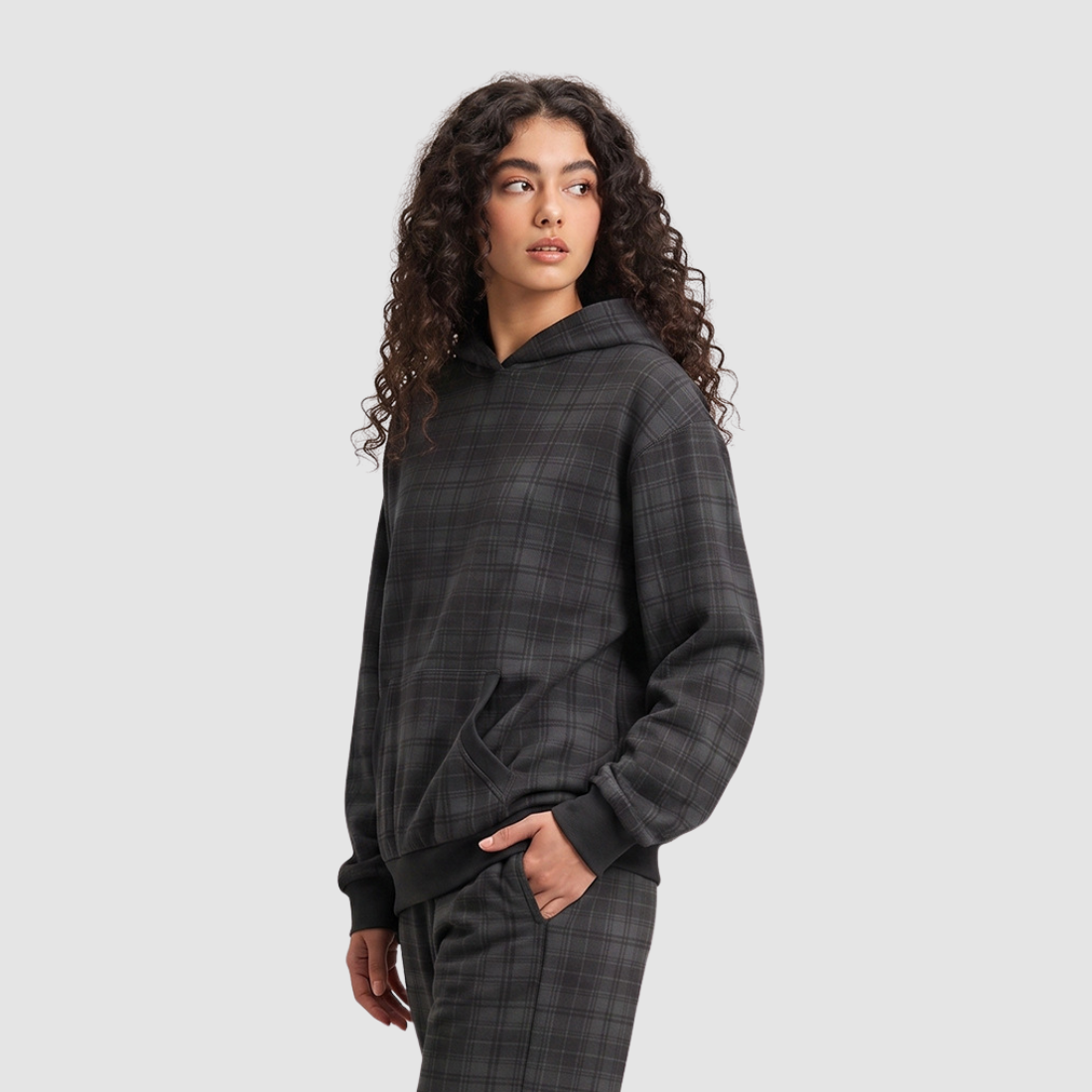 Wholesale Unisex Heavyweight Plaid Hooded Cotton Sweatshirt