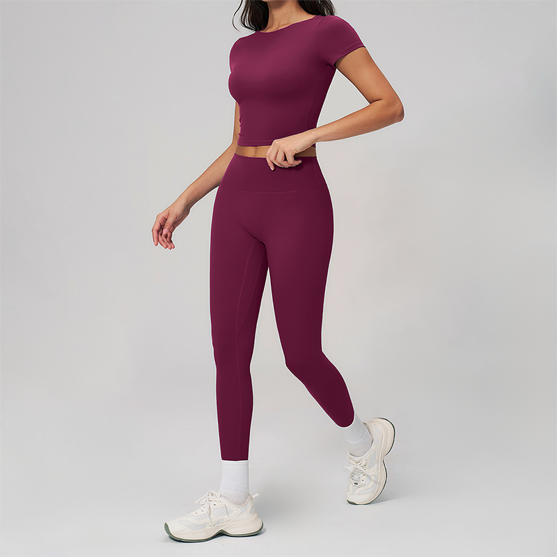 Wholesale Seam-Detail Cropped T-Shirt & High-Waist Leggings Set – Brushed Yoga 2-Piece