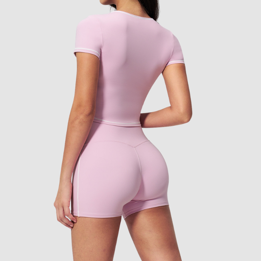 Wholesale Women's Seam-Detail Short Sleeve Crop Top + High-Waist Shorts Set – Butt-Lifting Yoga Gym Activeweare