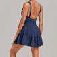 Wholesale Women's Colorblock Open-Back Tennis Dress – Anti-Exposure Pleated Yoga Skirt with Pockets